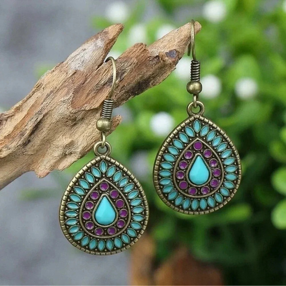 1 LEFT! Boho Turquoise and Purple Drop Hoop Earrings - Picture 2 of 4